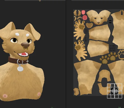 Cooper the Pup texture and UV work shown beside the model