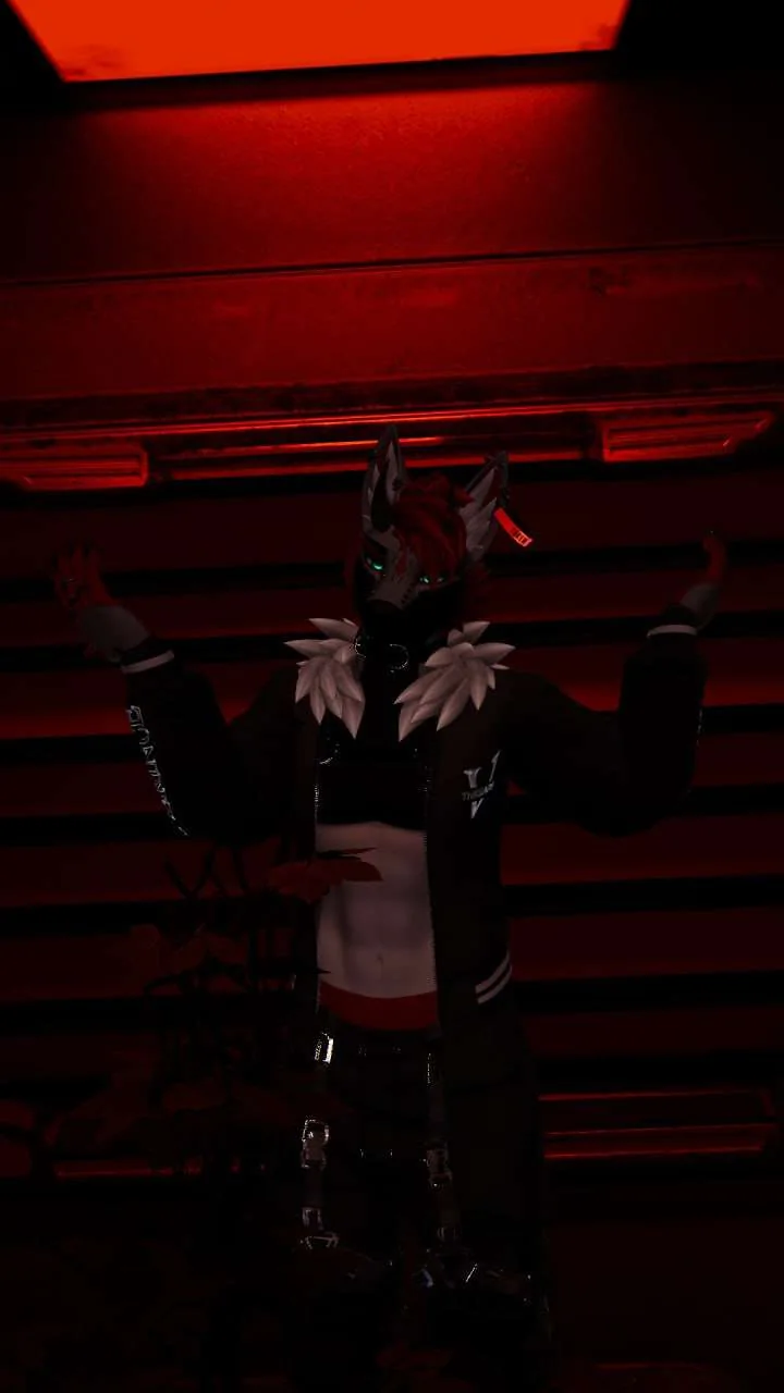 Dakota avatar in a red-lit VRChat environment