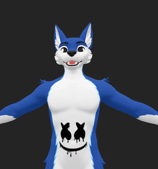 Blue and white Marshmello canine avatar with a black smiling design on its chest Blue and white Marshmello canine avatar with a black smiling design on its chest