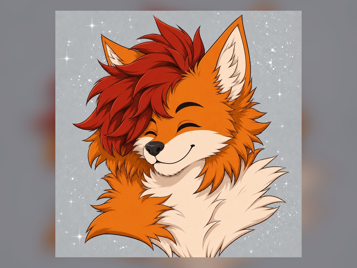 Smiling orange and cream fox with red hair on a gray background Smiling orange and cream fox with red hair on a gray background