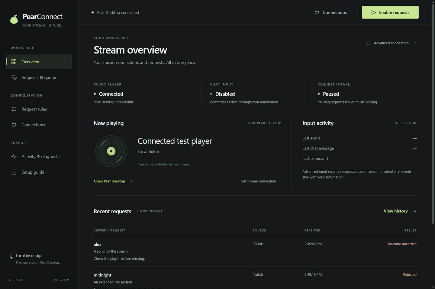 PearConnect desktop console with connection and queue controls