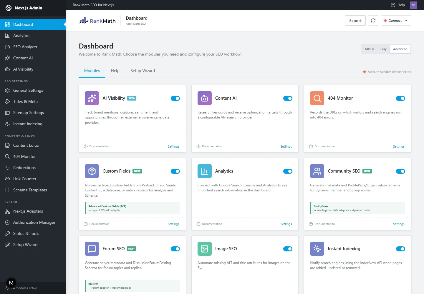 Rank Math for Next.js local module dashboard with account services disconnected