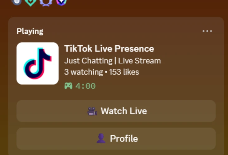 TikCord example TikTok LIVE activity card in Discord