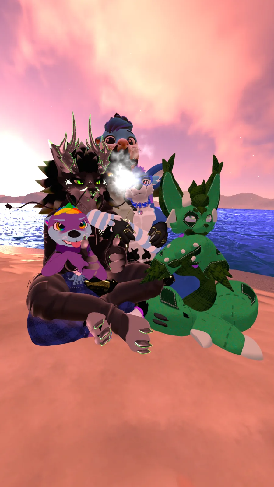 A group of furry VRChat avatars gathered together on a beach
