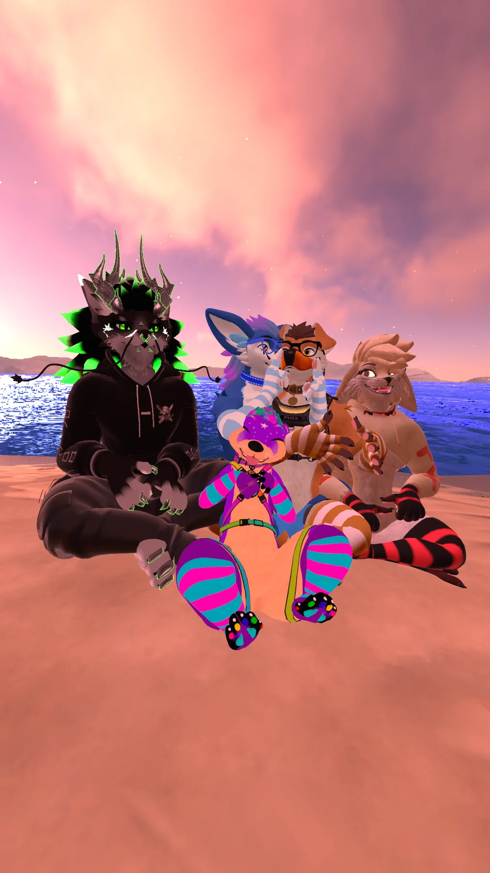 Group of furry VRChat avatars sitting together on a beach