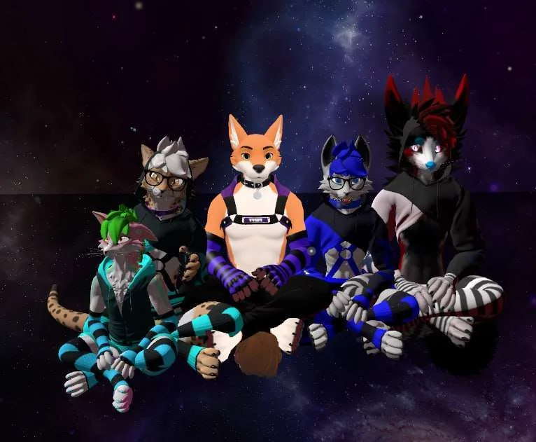 Group of furry VRChat avatars posed together against a star field